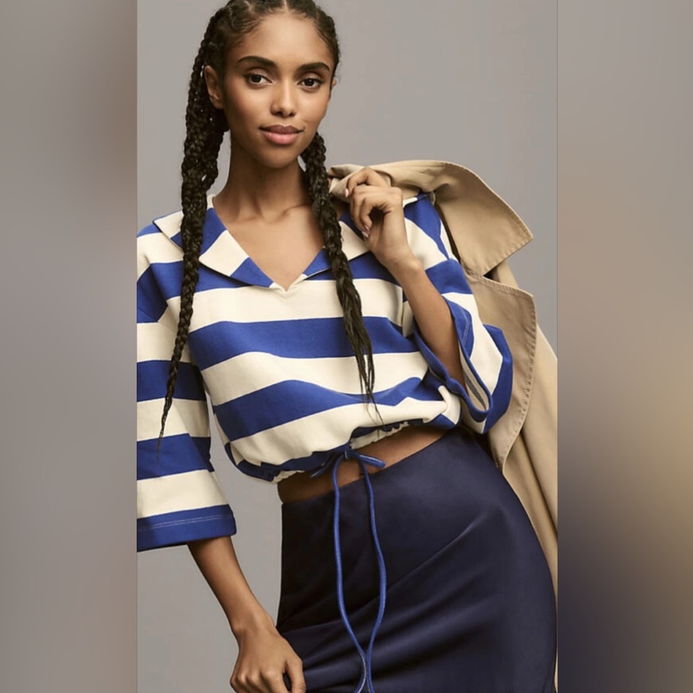 Anthropologie Maeve Polo Top collar Sundays in Brooklyn stripe XXS XS Small
